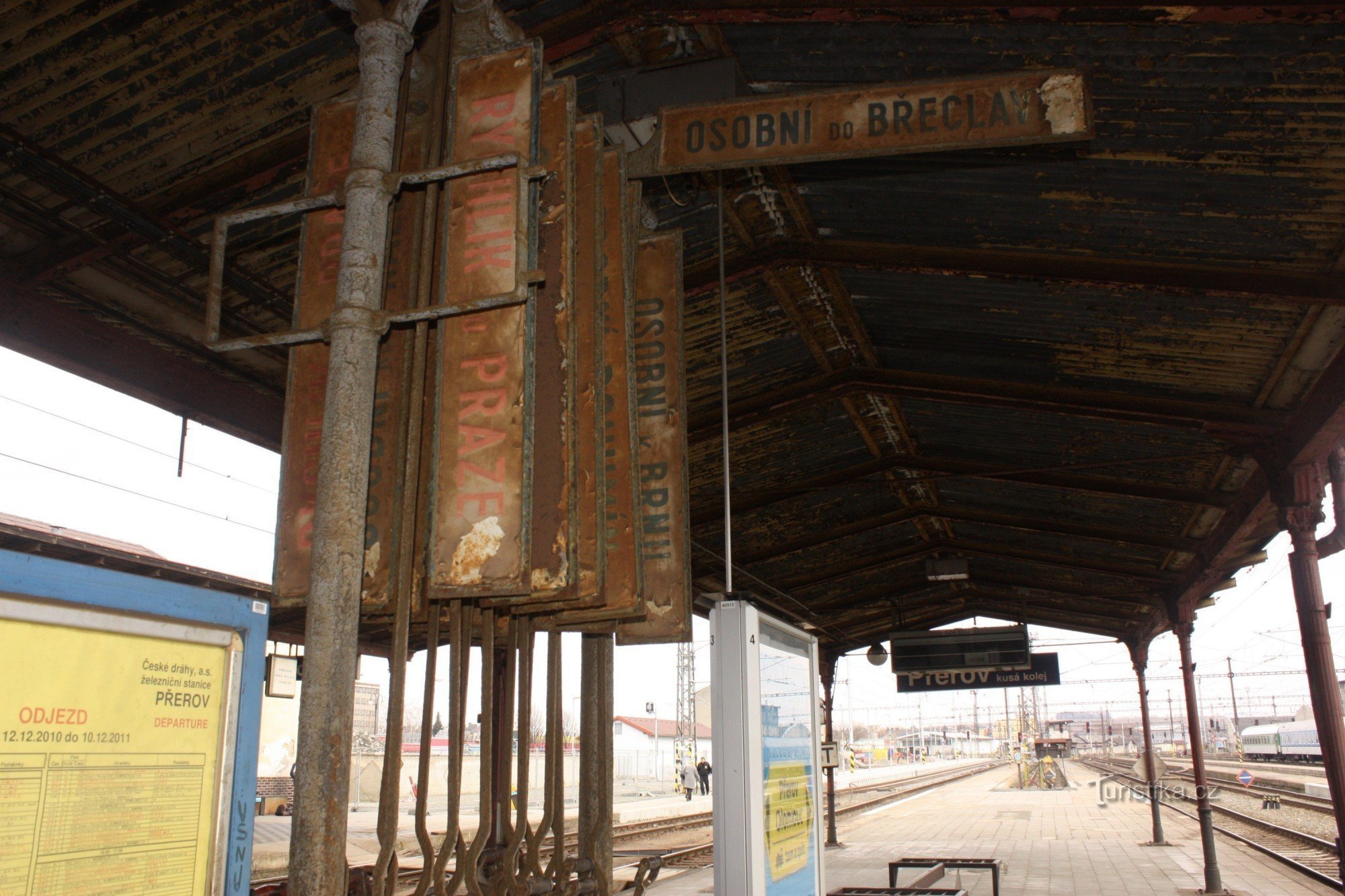 Historic platform information board on the second platform of the railway station