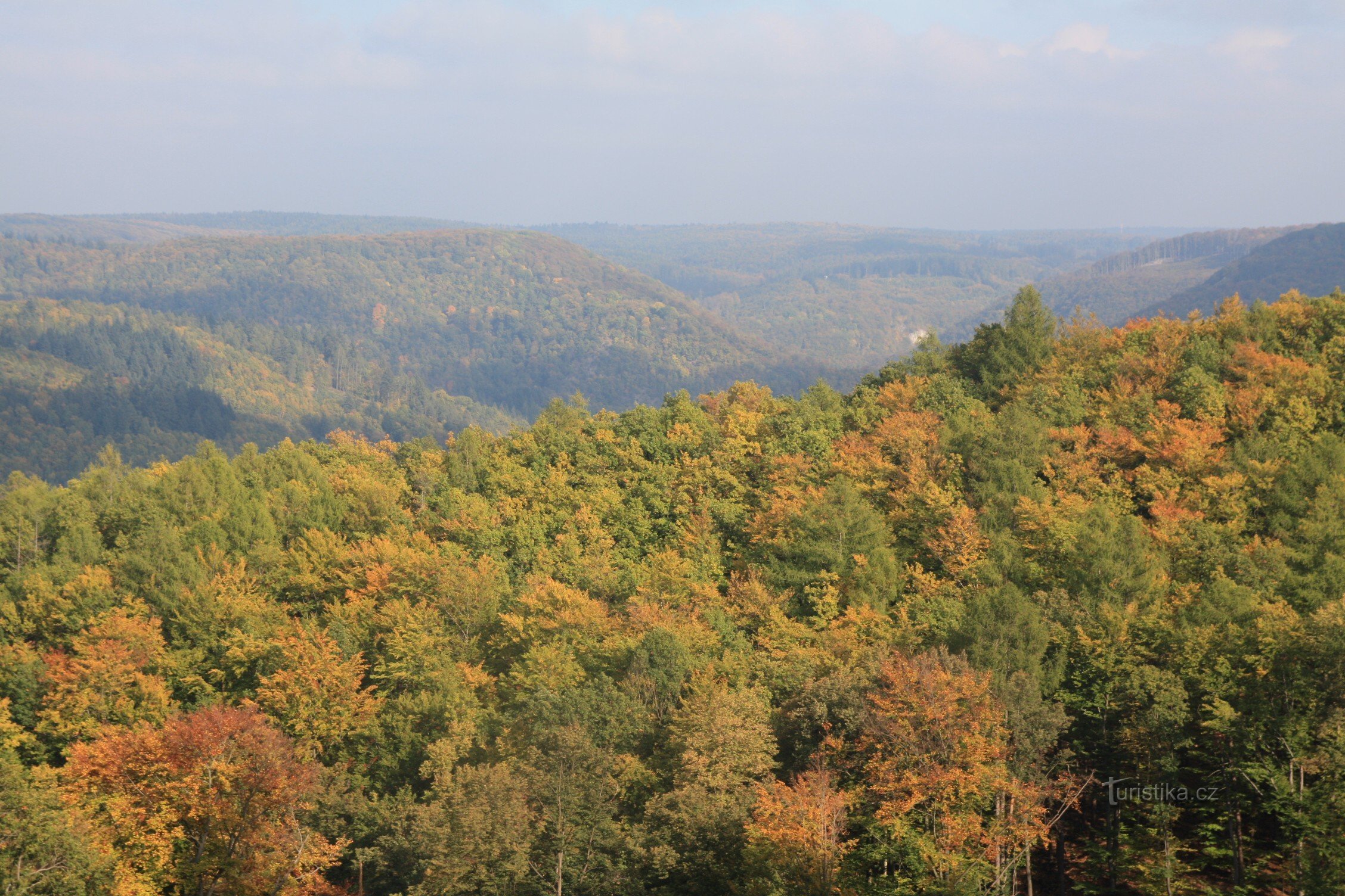 De diepe vallei van de Svitava vanuit de bossen van Vranov