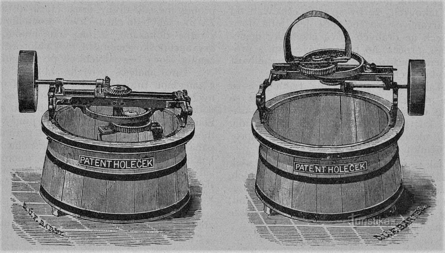 Hnětací stroj od Jana Holečka z Nového Města nad Metují z roku 1902 (při a po práci)