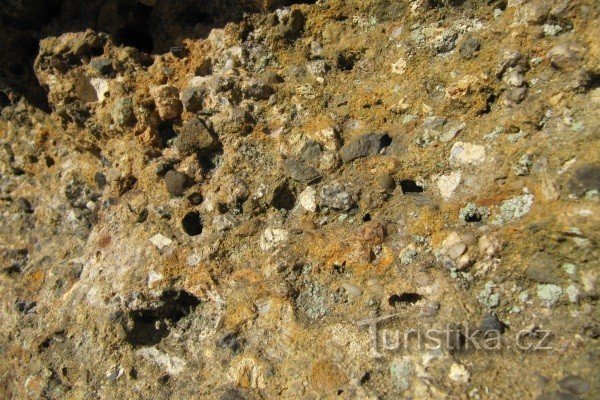 As rochas superiores de Lašnov são feitas de conglomerados e arenitos. A imagem mostra um coágulo (