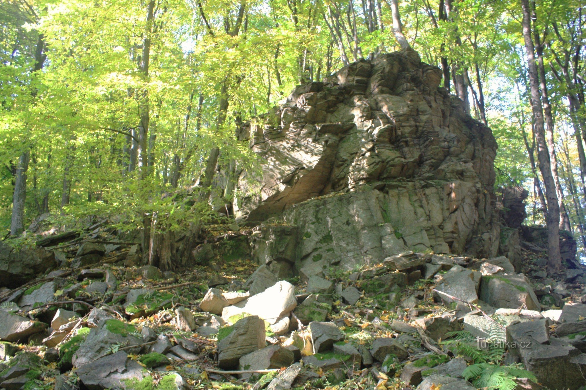 Horní Židovka - o formațiune de stâncă cu o pantă de groapă și creștere naturală a pădurii