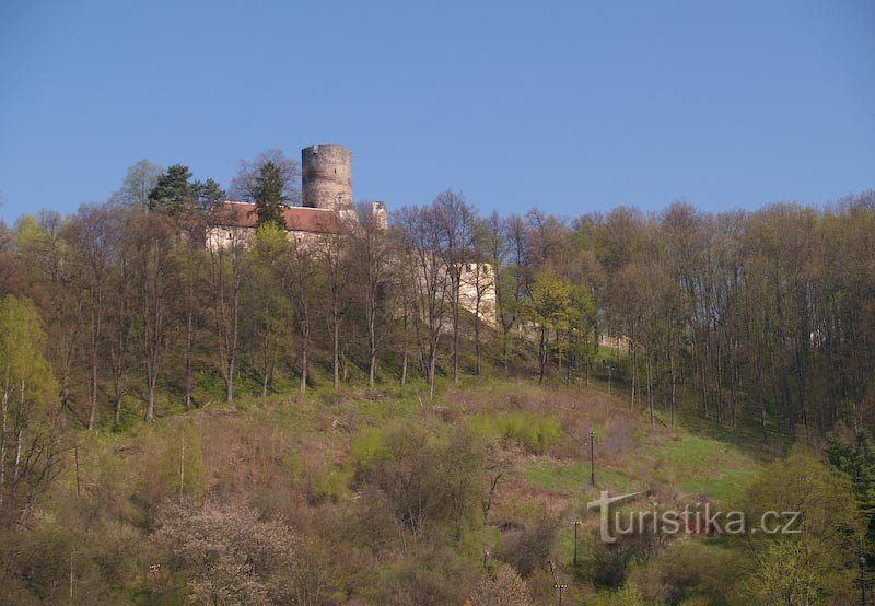 Zamek Svojanov ze starą drogą do wsi