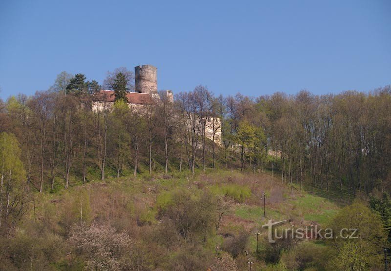 Grad Svojanov s staro cesto navzdol v vas