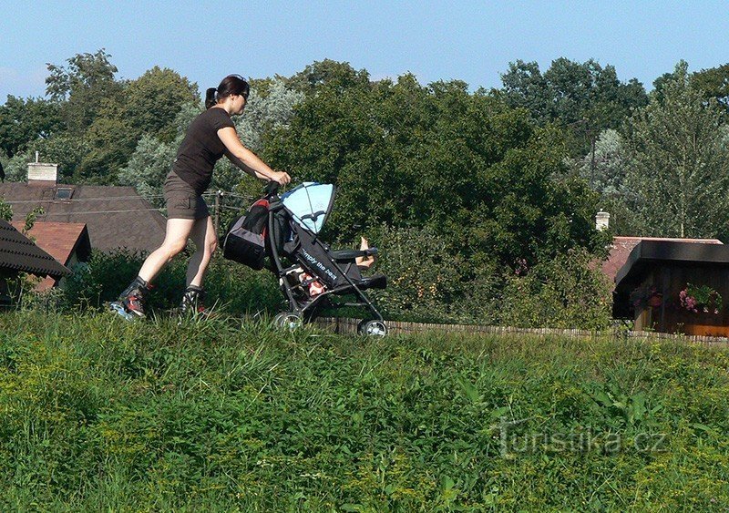 Es gibt auch einen Platz für eine skatende Mutter mit Kinderwagen - Blick auf die Strecke vom Fluss aus