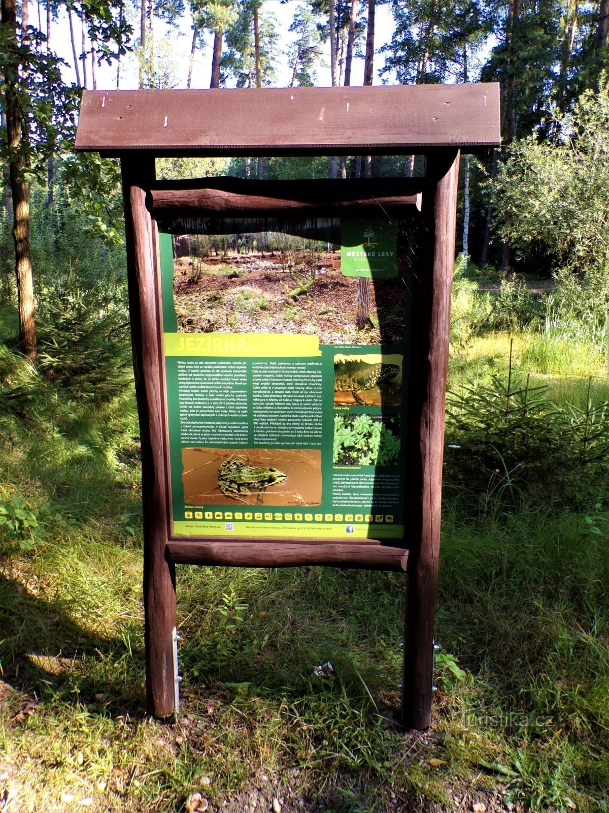 Tietopaneeli kunnan alapuolella olevilla järvillä (Hradec Králové, 30.7.2021)