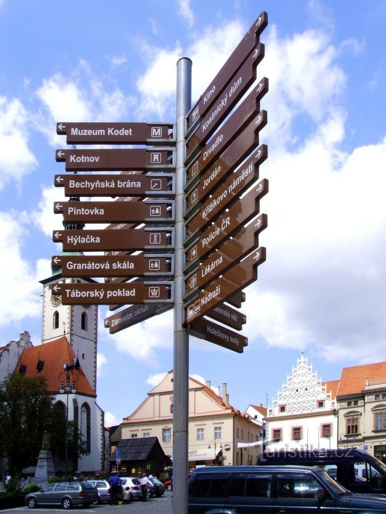 Informationssäule auf dem Jan-Žižka-Platz in Tábor