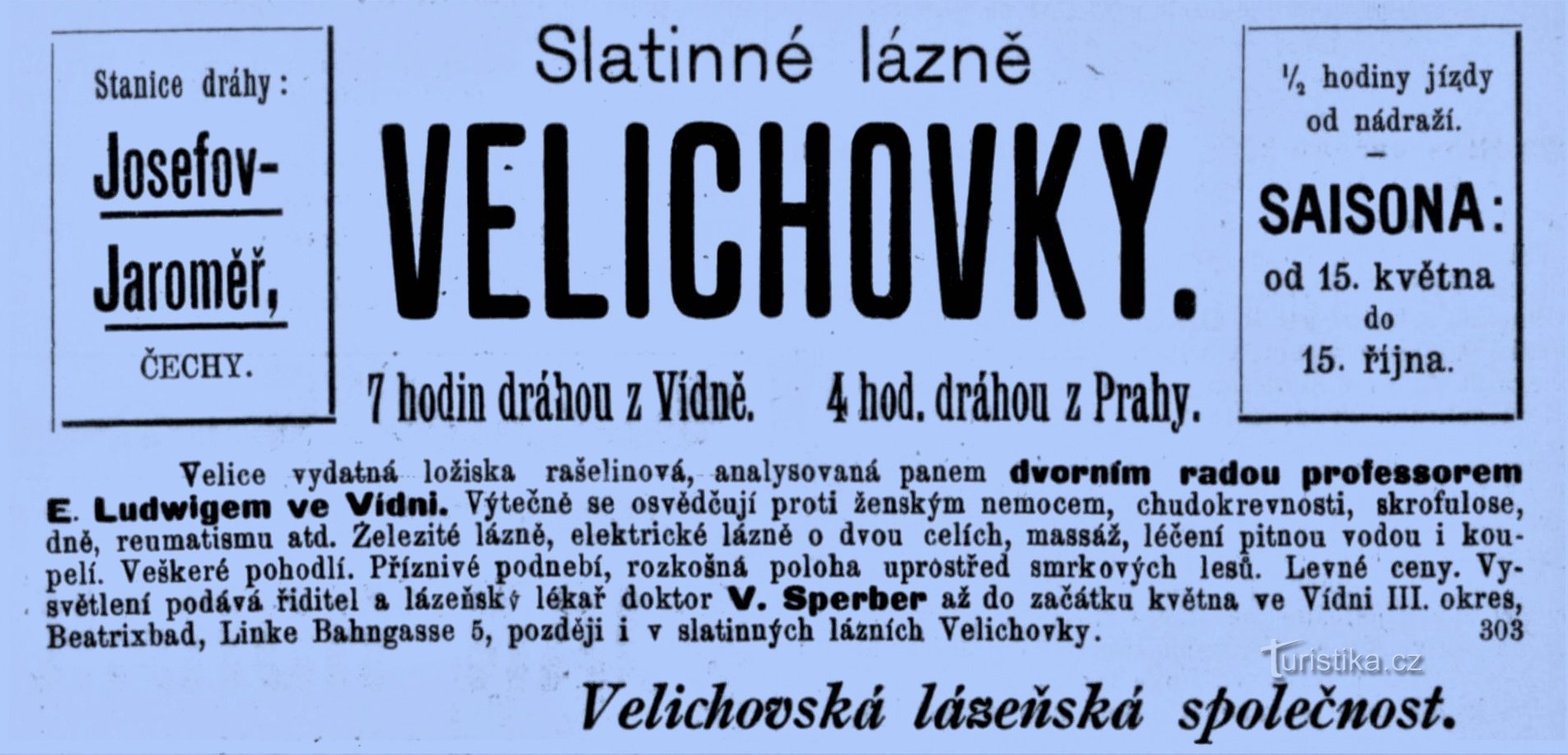 A Velichovky-i fürdő hirdetése 1898-ból