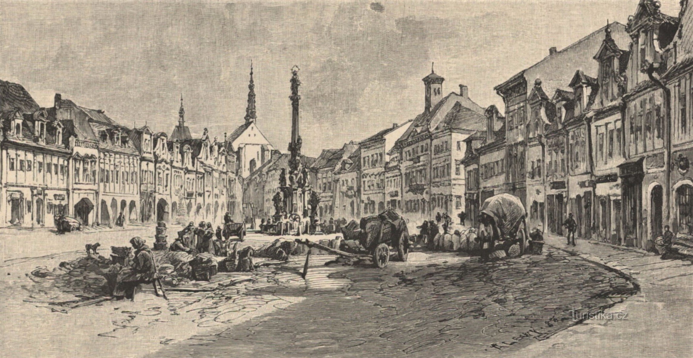 Jaroměřské náměstí med Mariakolumnen i en teckning av Karel Liebscher från slutet av 80-talet