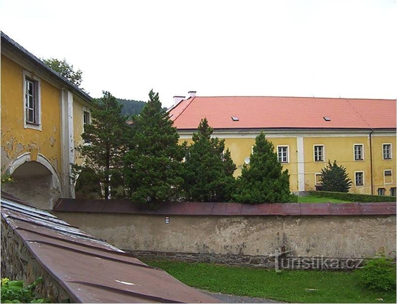 Jimramov-linna kirkon itäpuolelta katetulla käytävällä ja eteläsiipi-Kuva: Ulrych Mir.
