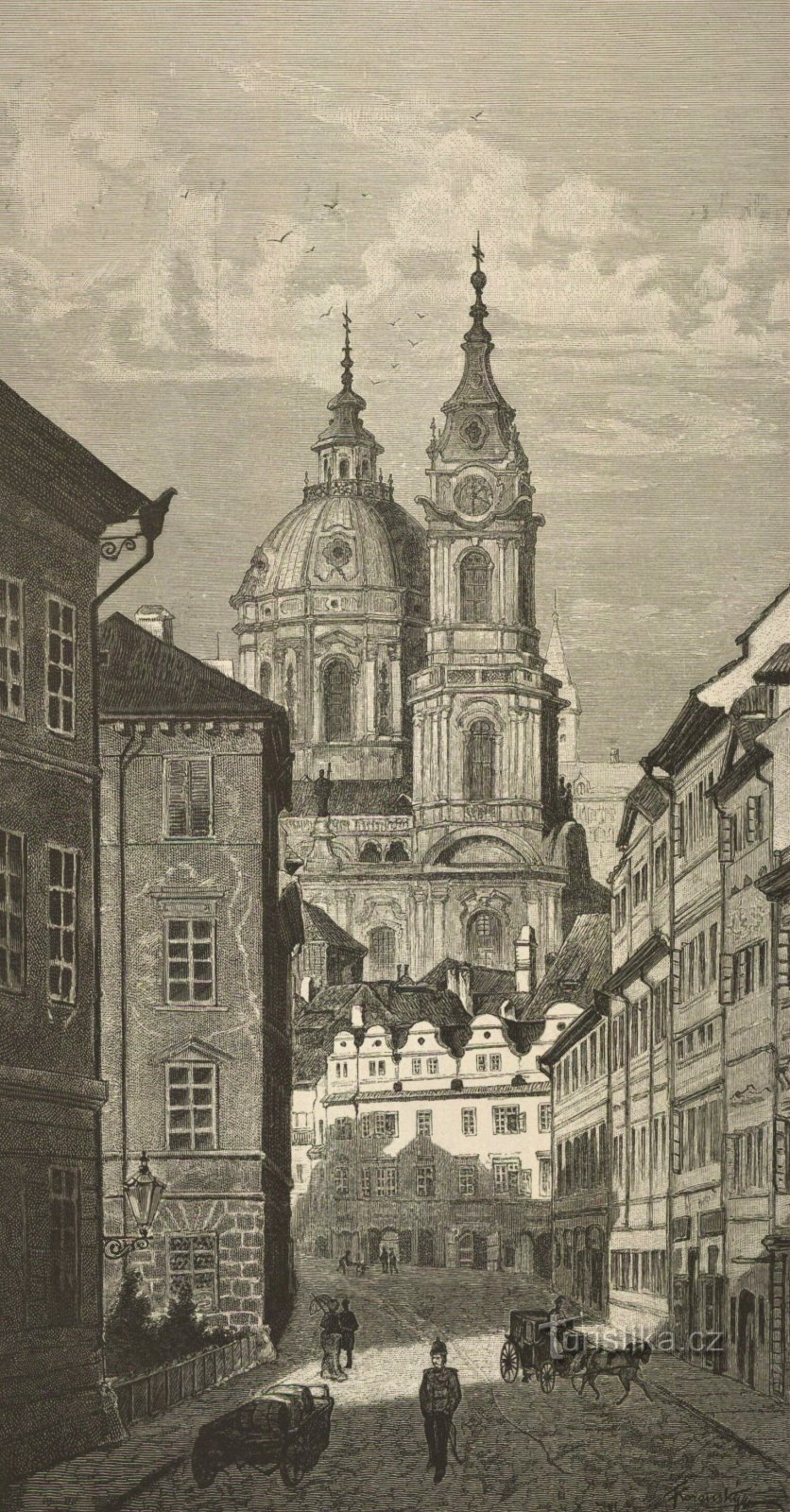 Taustalla Karmelitská-katu ja Pyhän Nikolauksen kirkko. Nikolaus Prahassa 2-luvun jälkipuoliskolla