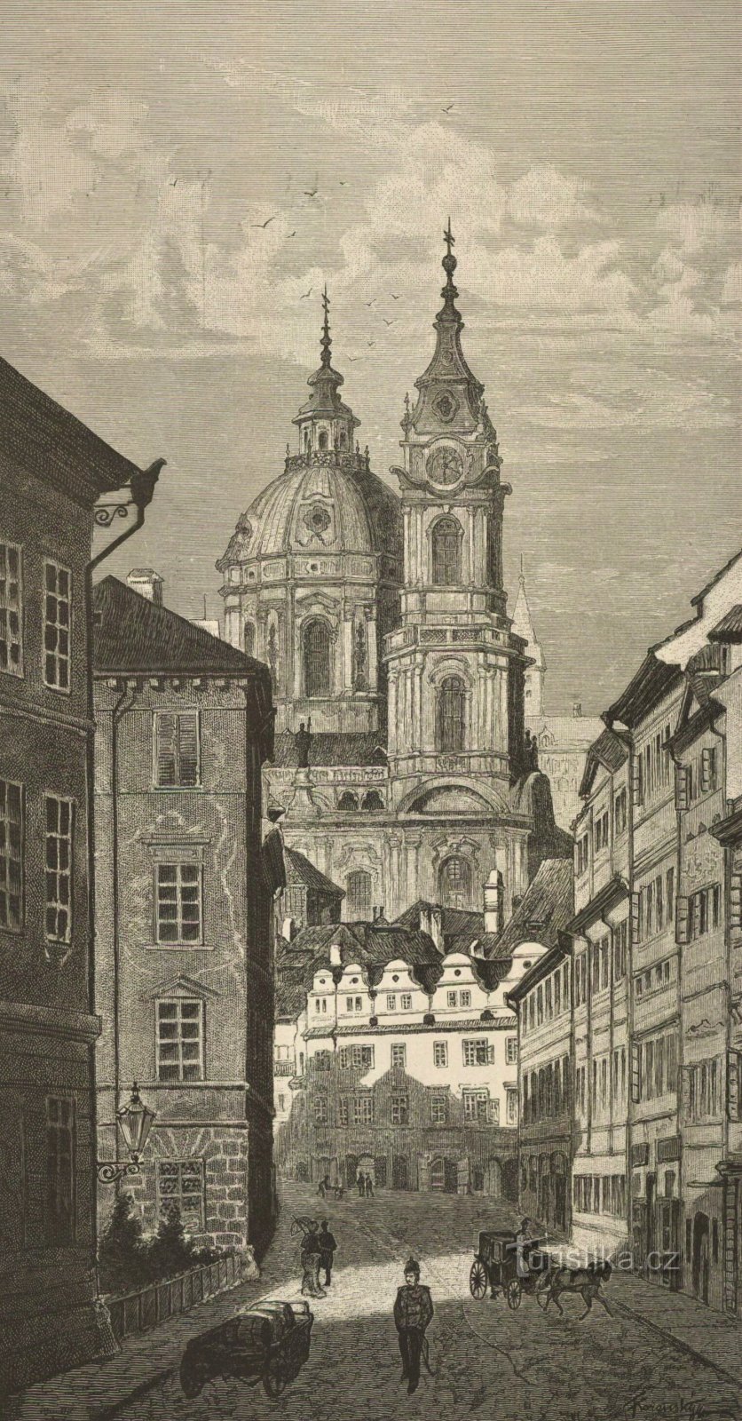 Karmelitská straat op de achtergrond met de kerk van St. Nicolaas in Praag in de tweede helft van de 2e eeuw