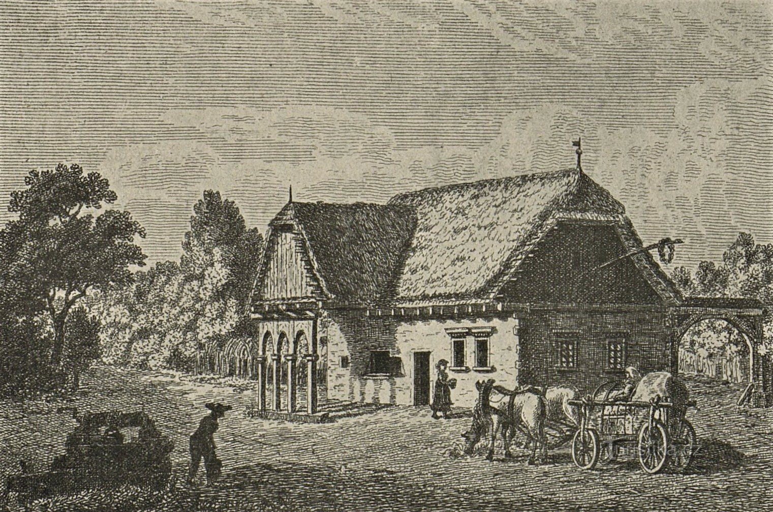 Kobylicky-majatalo 18- ja 19-luvun vaihteessa Josef Šemberan kaiverruksella