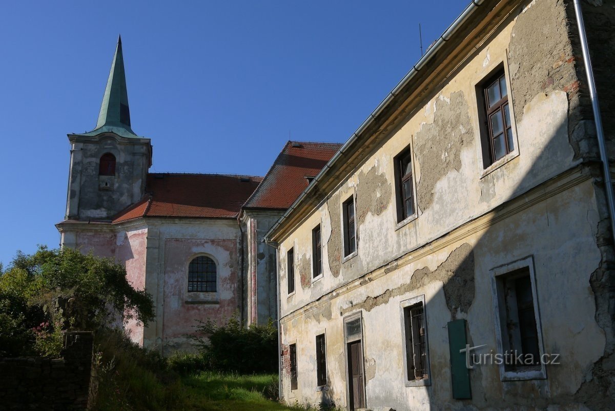 Kirche und Pfarrhaus in Ovesné Kladruby
