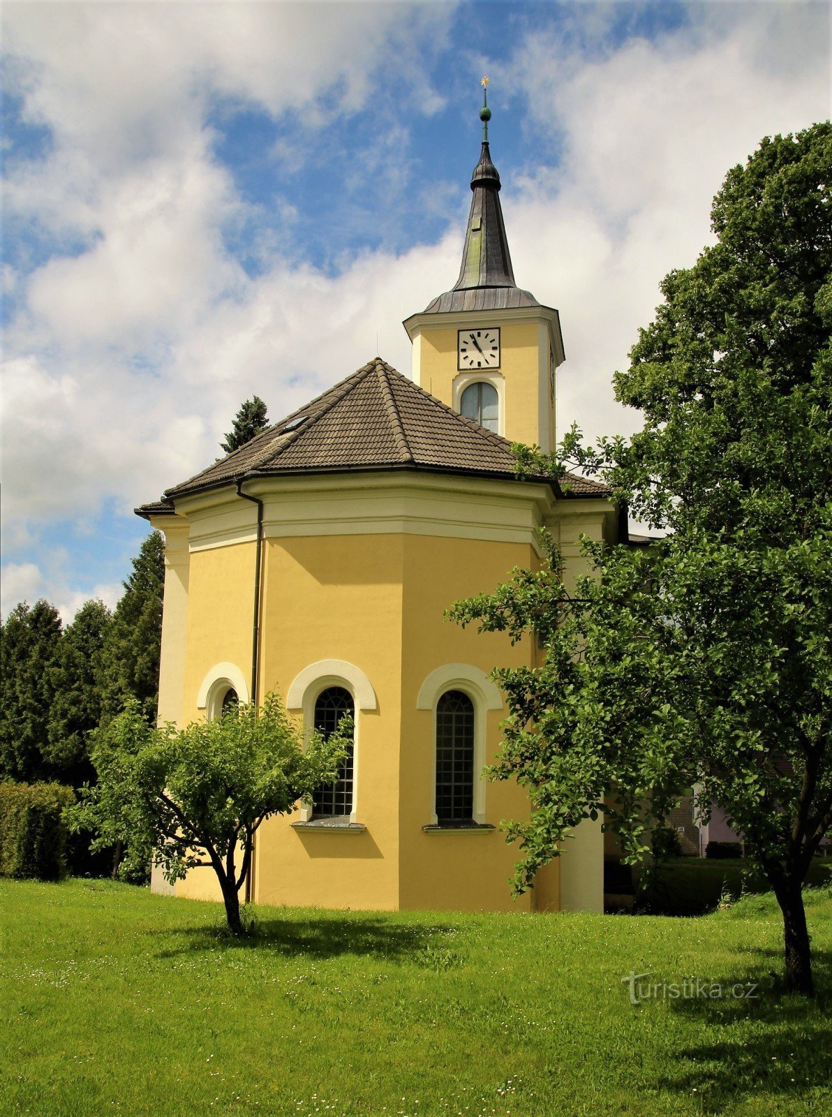 Kyrkan sedd från trädgården vid kyrkogården