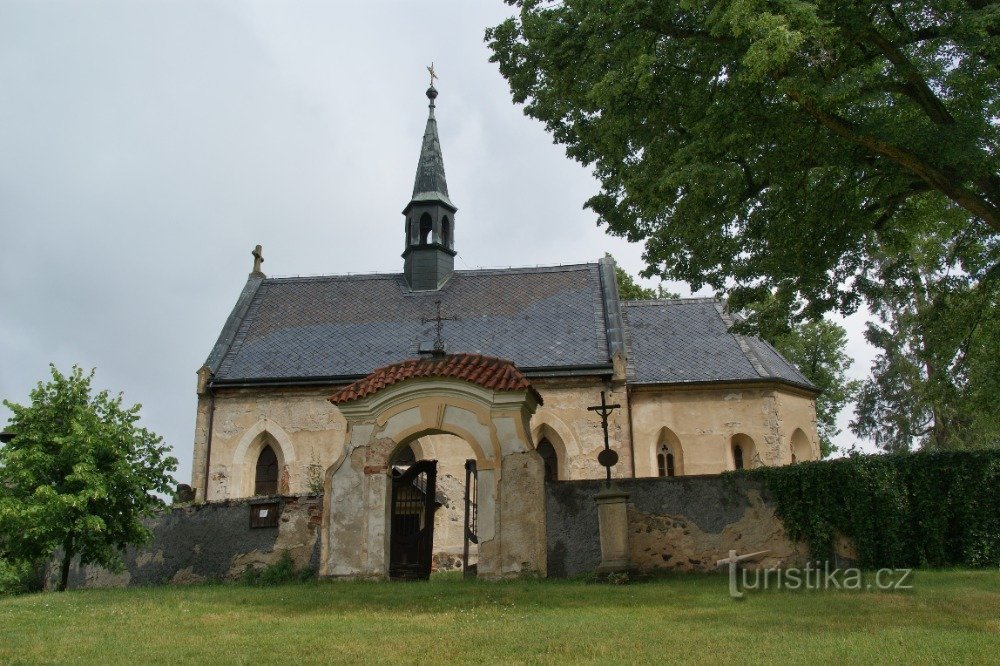 Kirche mit Friedhofstor von Süden