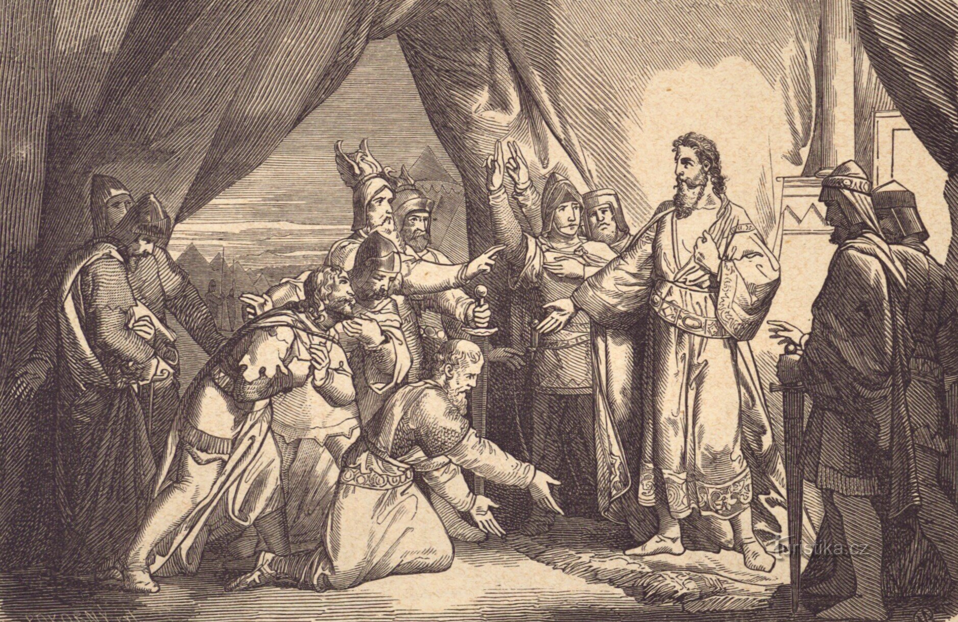 Kuningas Přemysl Otakar II. ennen kohtalokasta taistelua Maixnerin piirustuksessa