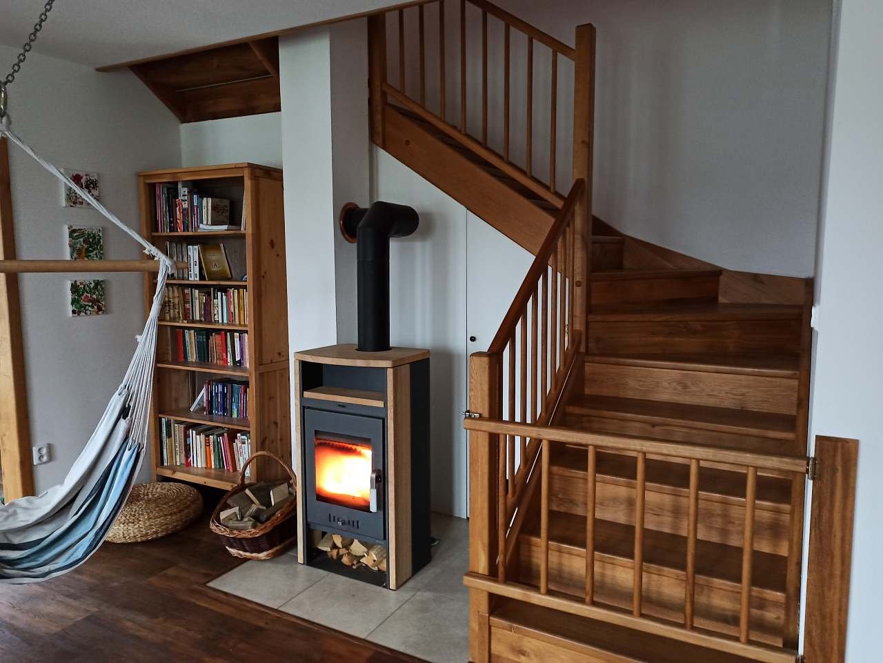 fireplace stove, stairs