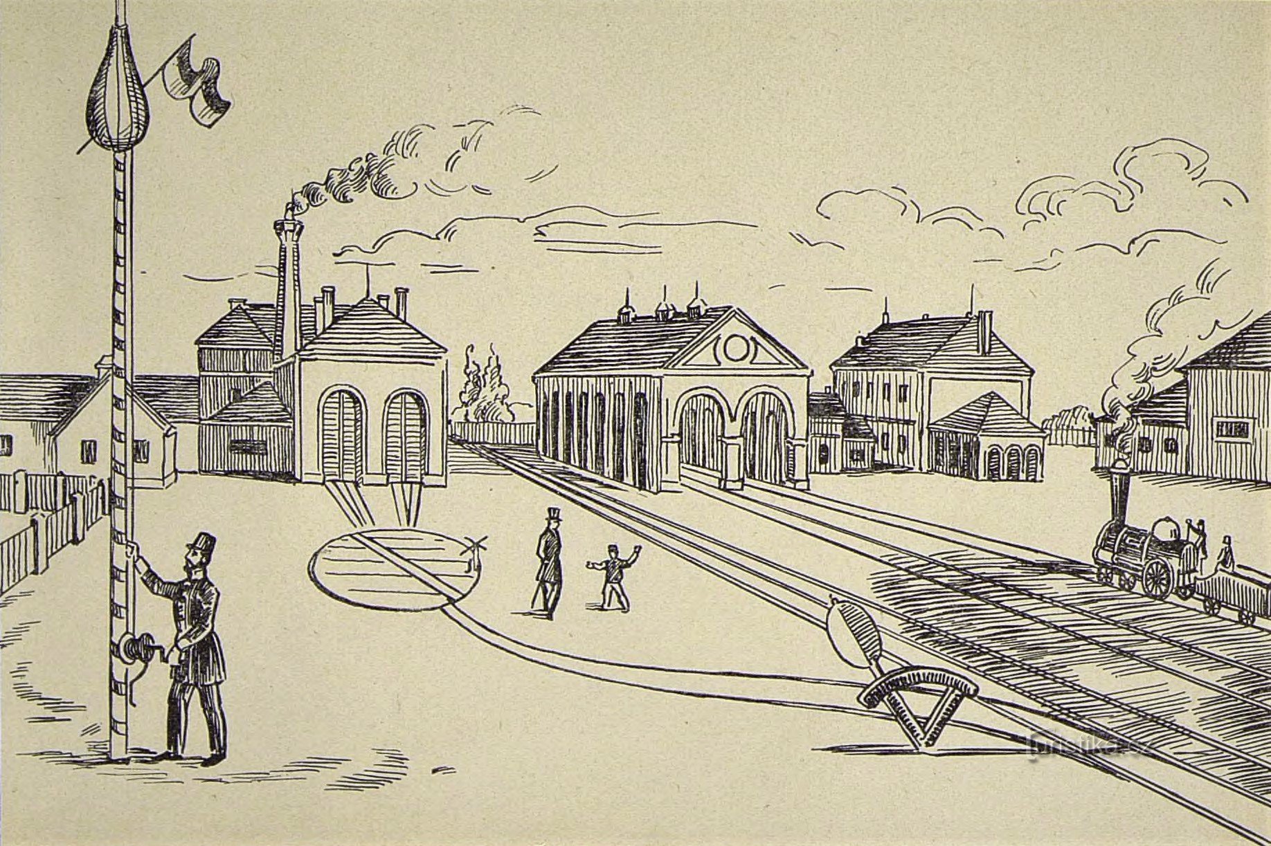 Drawing of the Pardubice railway station as it looked before 1859