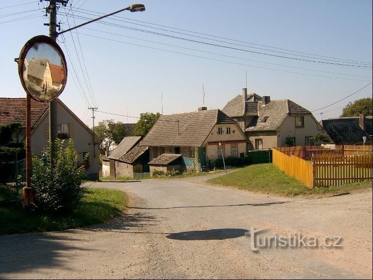 Kreuzung: rechts die Straße nach Lipnica, unten rechts auf die Straße im Dorf abbiegen, Zufahrt