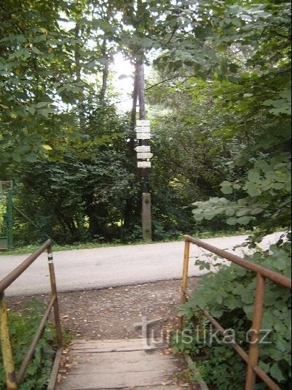 Kyjovice - Porubka: Wegwijzer en brug over de Porubka-stroom