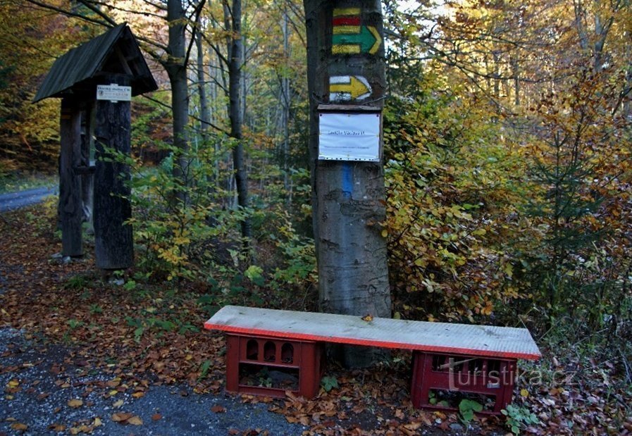 bankje onder de wegwijzer Poniklý potok