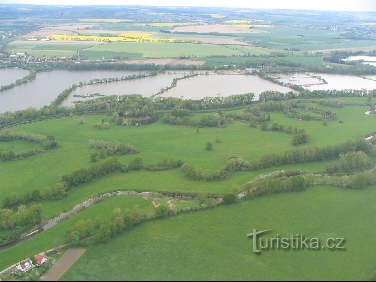 Vue aérienne d'Oderský rybník (troisième à partir de la gauche)