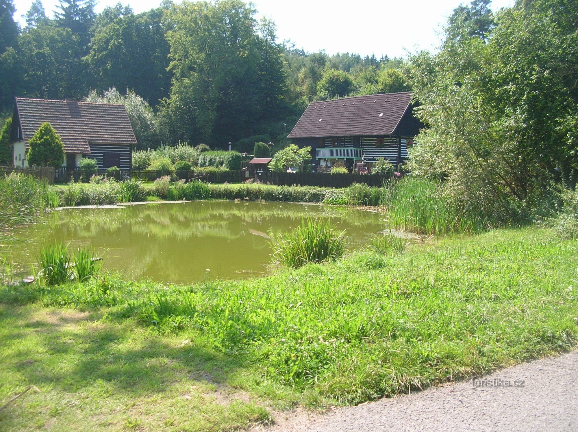 有小木屋的洛霍茨克池塘在背景中