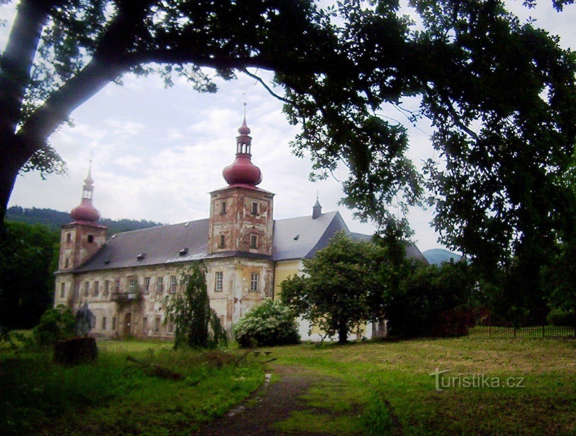 Loučná nad Desnou-hlavní zámecké průčelí s portálem a dvěma věžemi z parku-Foto: