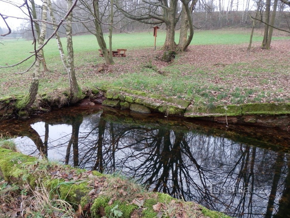 Een klein waterreservoir, een paar meter daarachter is een put