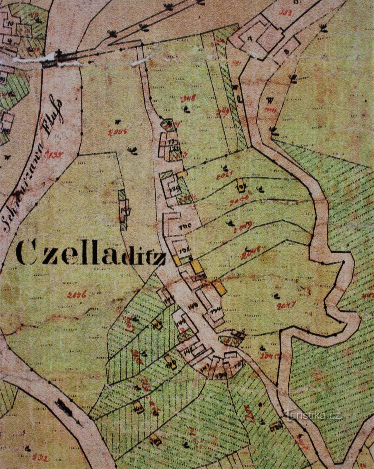 Kaart van Čeladice uit 1825 (afkomstig van het informatiebord)