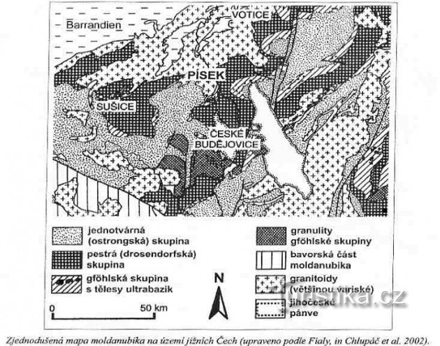 Karte von Moldanubik auf dem Gebiet Südböhmens - Ergänzungsbild zum Text