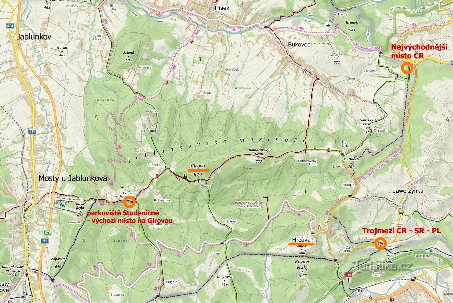 kort over besøgte steder: Tjekkiets østligste punkt, Hrčava - Trojmezí, Jablunkovské m