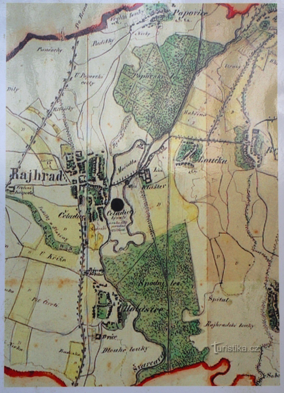 Mapa otoczenia klasztoru z połowy XIX wieku, wyraźnie widoczna w dolnej połowie mapy