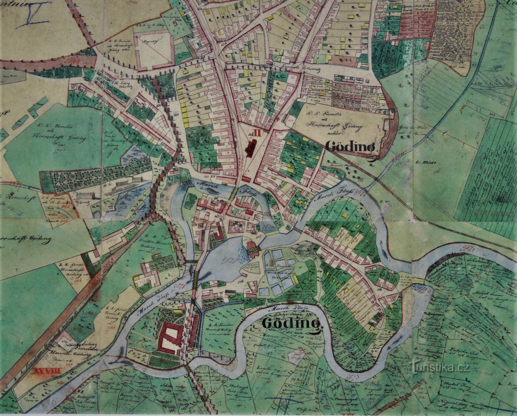 Plattegrond van het stalkadaster uit 1827, het voormalige kasteel is boven de samenvloeiing te zien