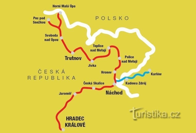 Karta över cykelbusslinjen i regionen Hradec Králové