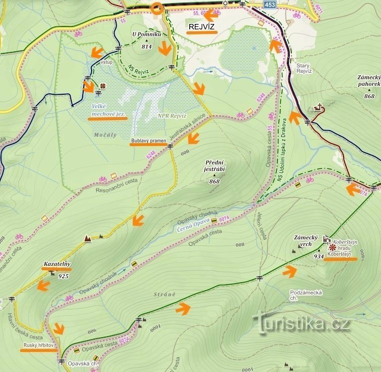 карта маршруту Rejvíz - Bublavý pramen - Pulpits - Російське кладовище - Koberštejn (джерело:mapy.cz)