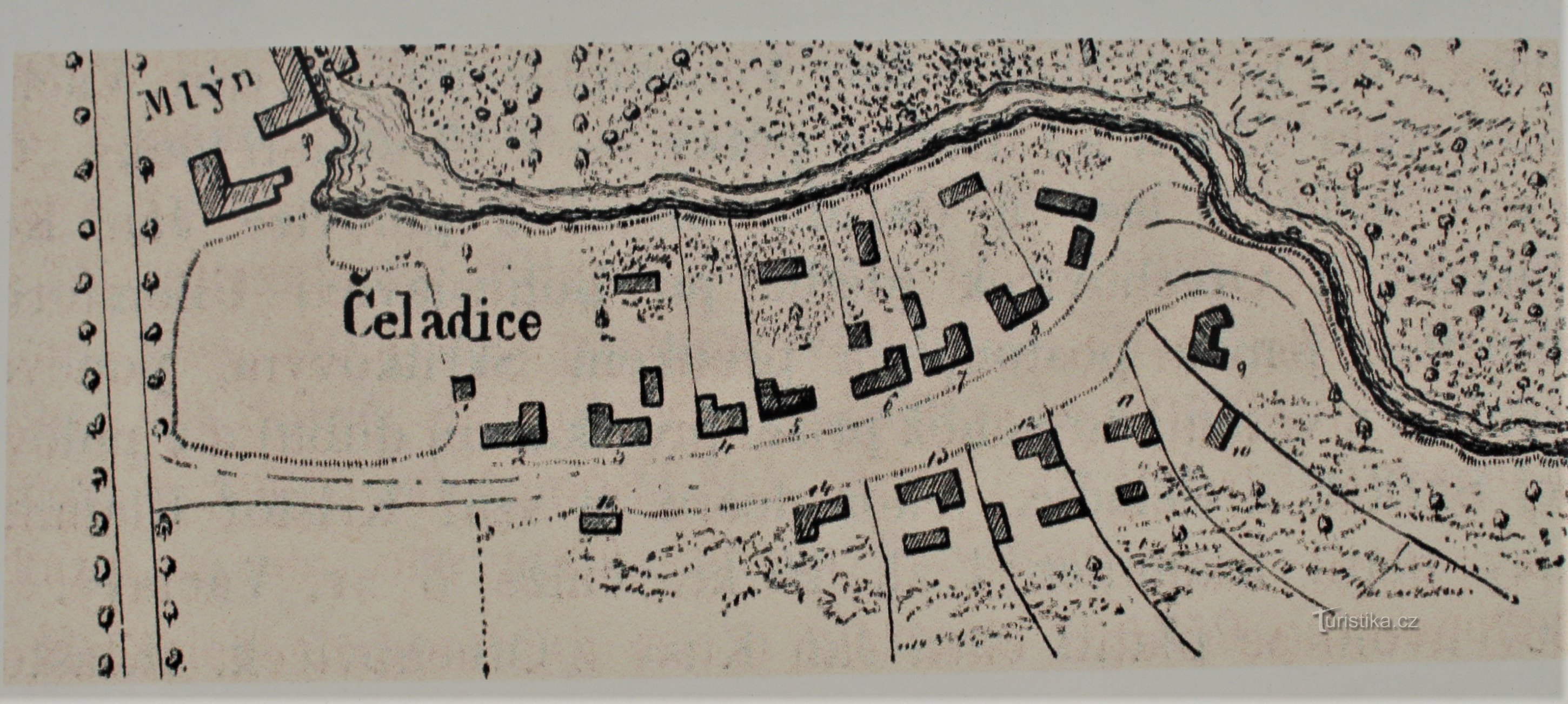 Kaart van Čeladice uit 1774 (afkomstig van het informatiebord)