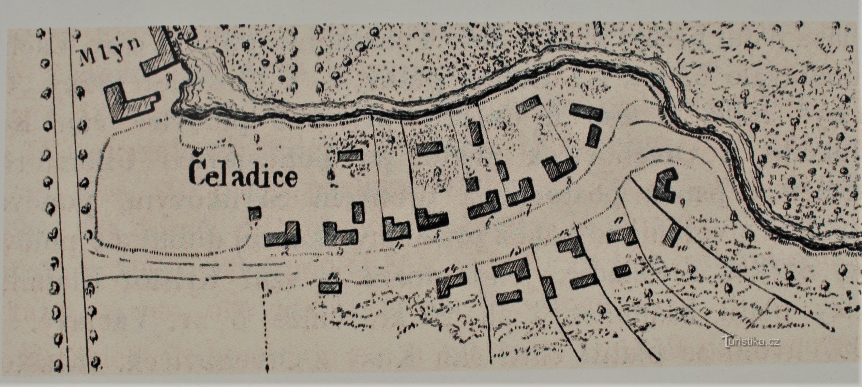 Mapa de Čeladice de 1774 (retirado do quadro de informações)