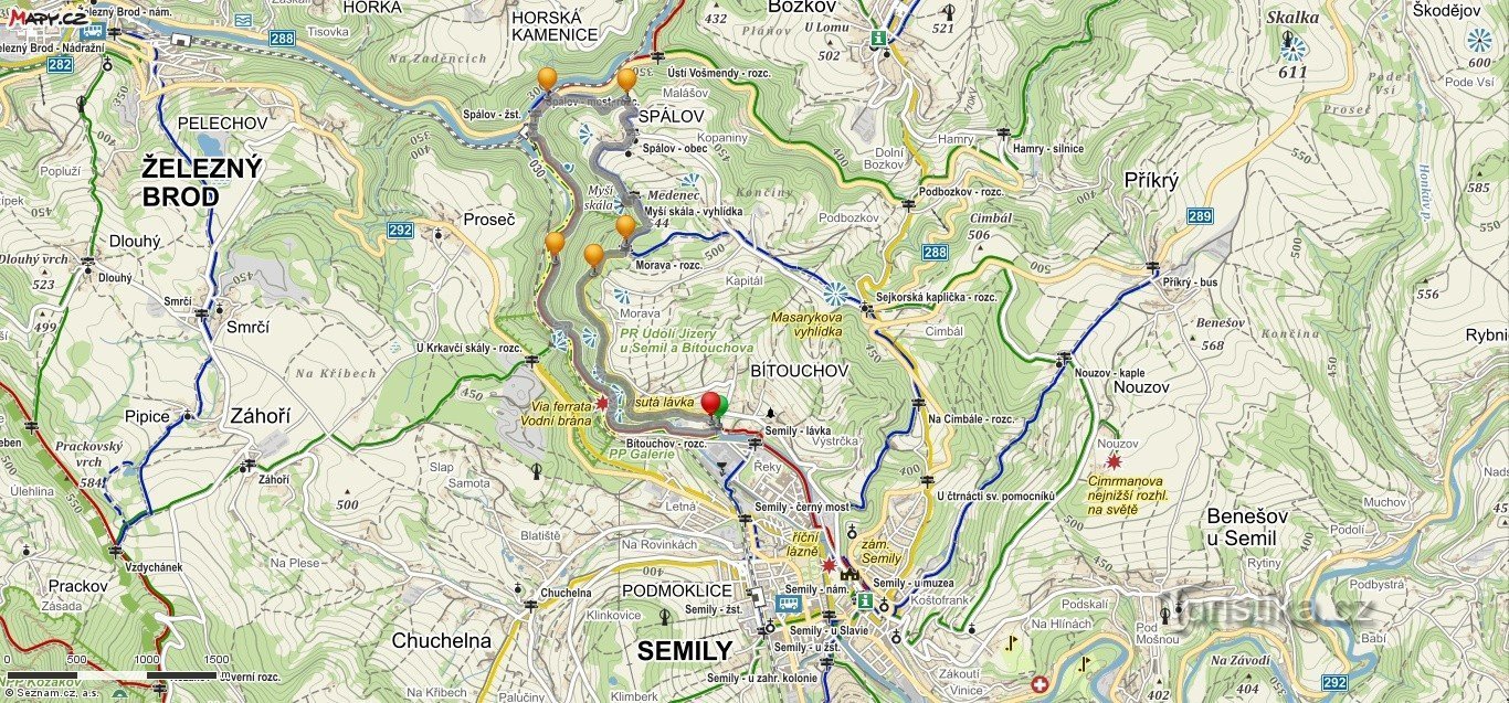 χάρτης του ταξιδιού από το Semil κατά μήκος του μονοπατιού Riegro και πίσω στο Semil
