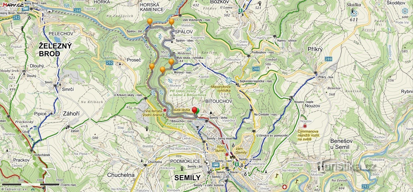 mapa da viagem de Semil ao longo da trilha Riegro e de volta a Semil