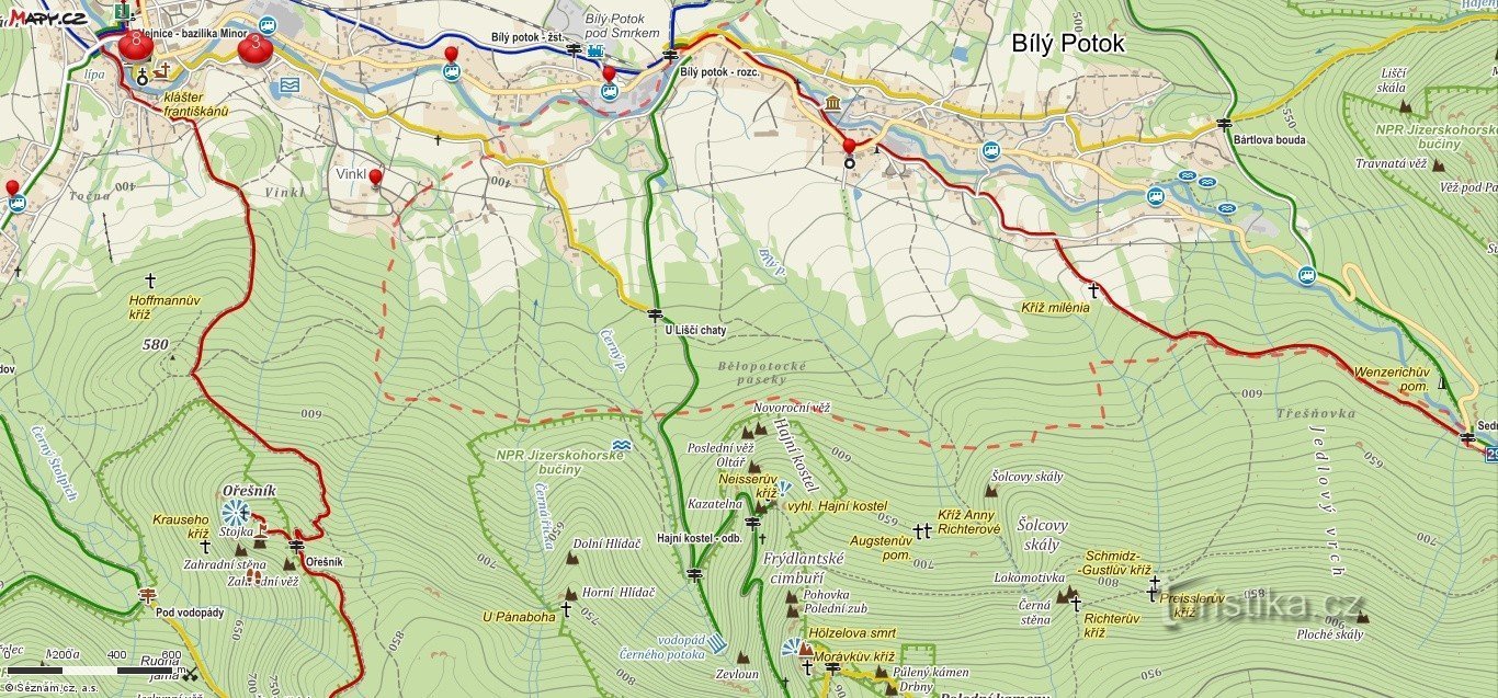 karta - från Bílý Potok till greenen till vattenfallet
