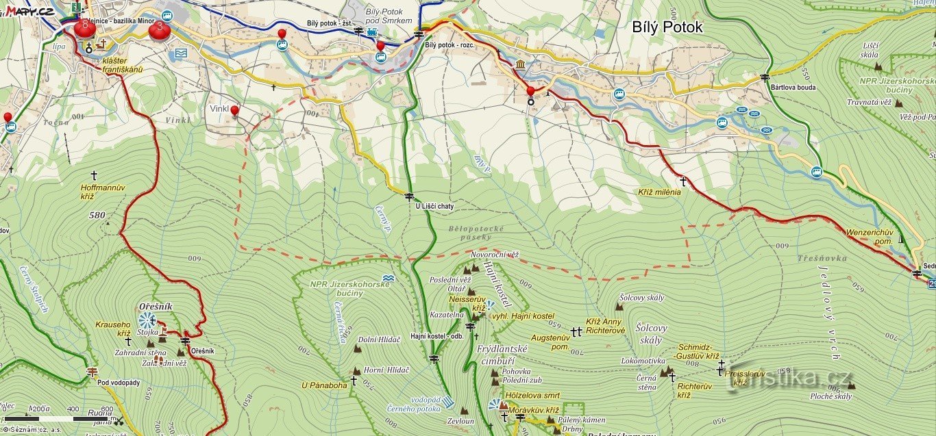 map - from Bílý Potok to the green to the waterfall