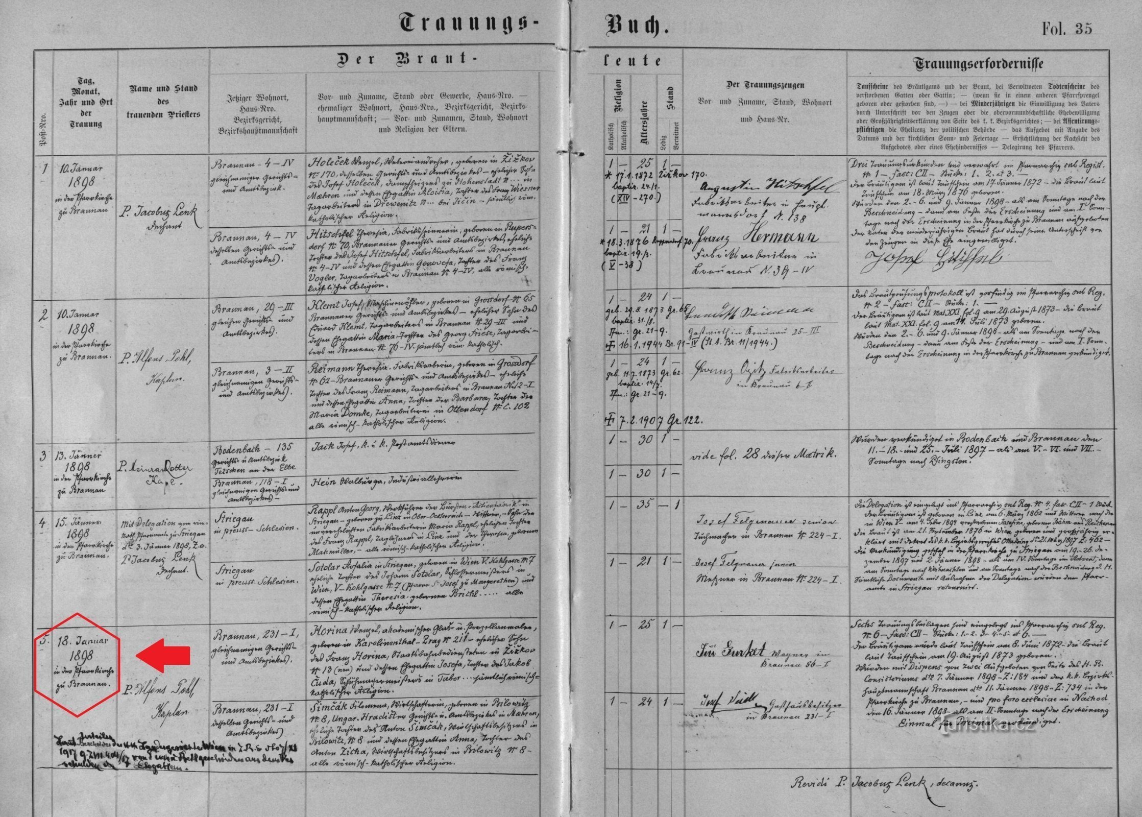 Register över äktenskapet mellan Václav Horina och Filoména Šimčáková