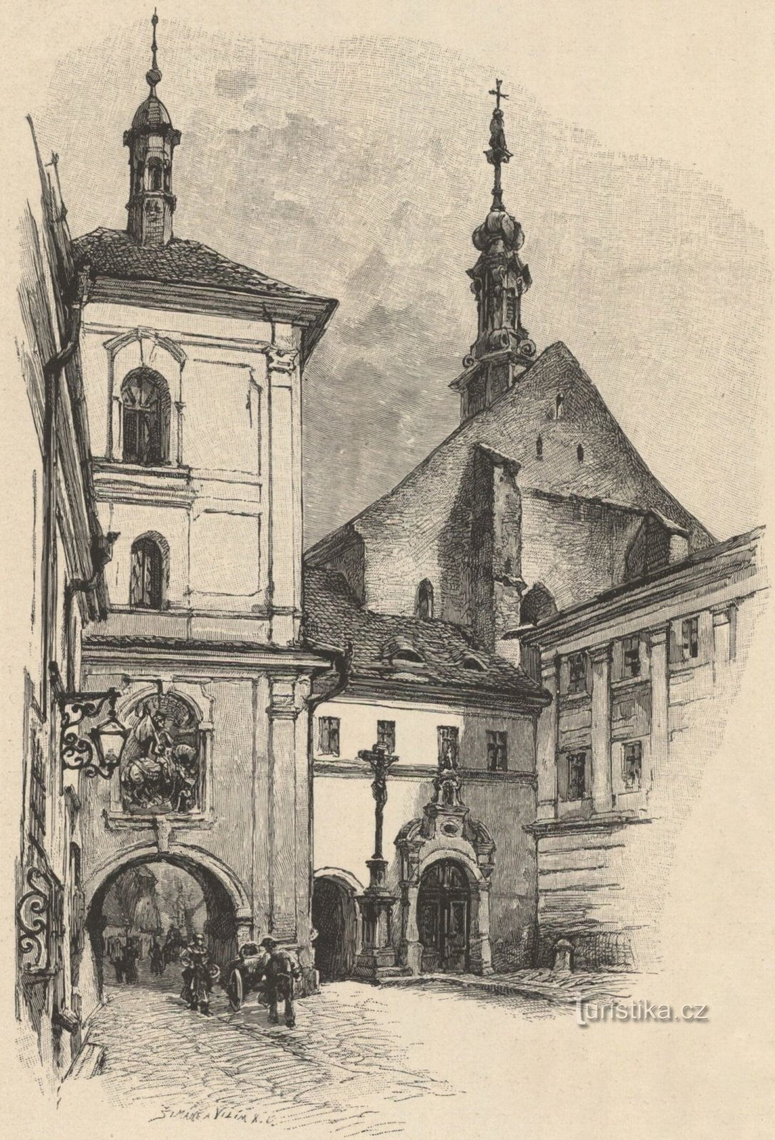 La puerta de la ciudad con el campanario y la iglesia de St. Nicolás, obispo (Jaroměř, finales de los años 70