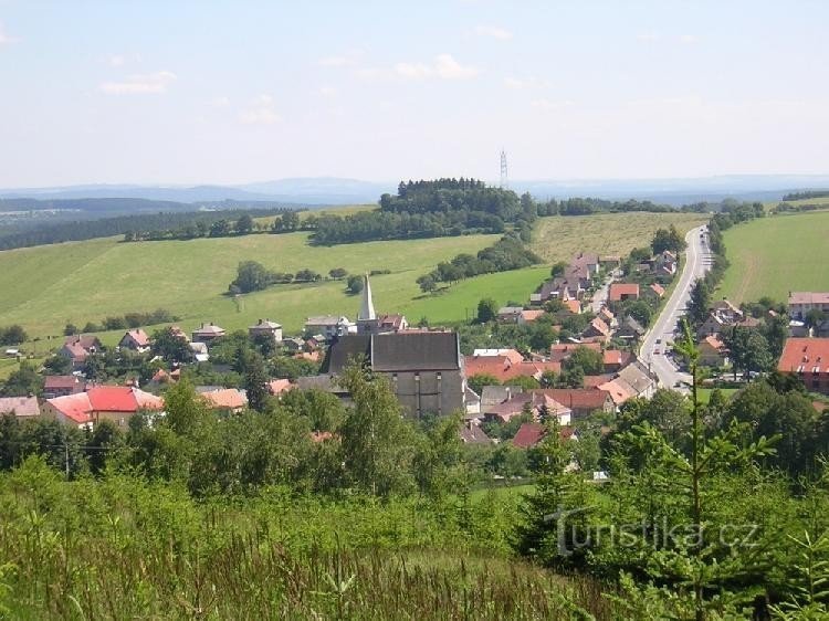 Miličín z Kalvárie: Nad vesnicí se tyčí vrch zvaný Kalvárie, nyní porostlý lesem