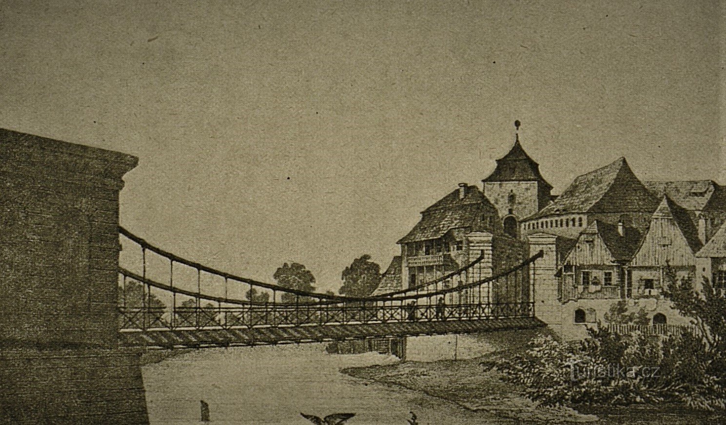 El puente sobre el Elba y el molino Podzidni detrás (Jaroměř, segunda mitad del siglo XIX)