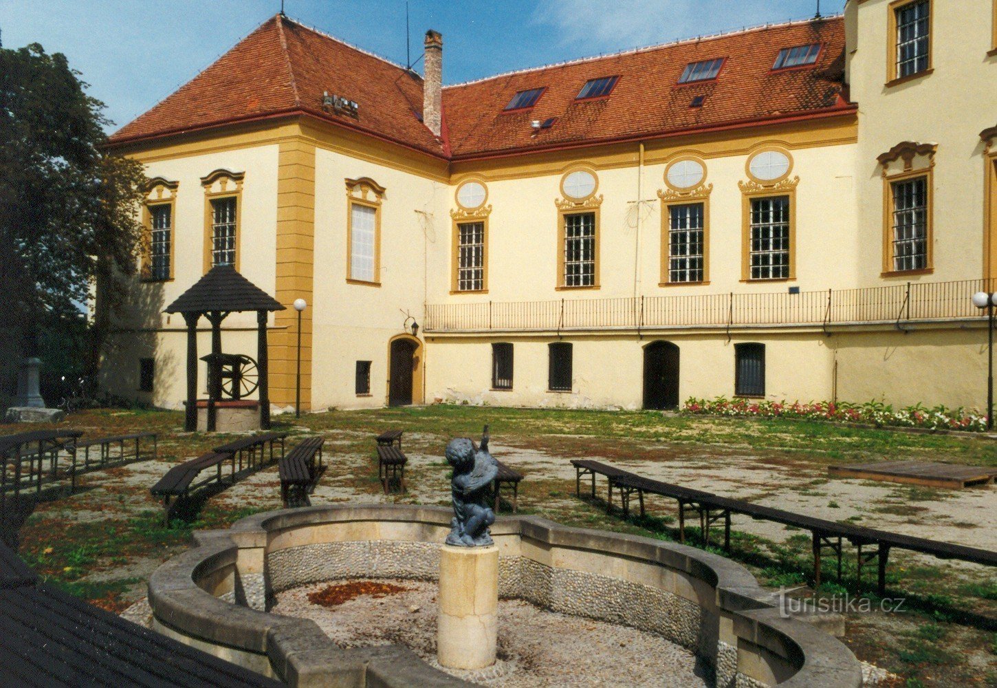 In the courtyard of the building