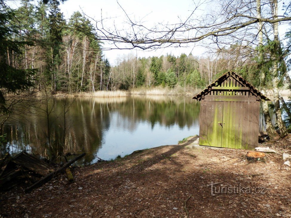 Sur la rive est de l'étang par le petit cabanon en bois de l'usine forestière