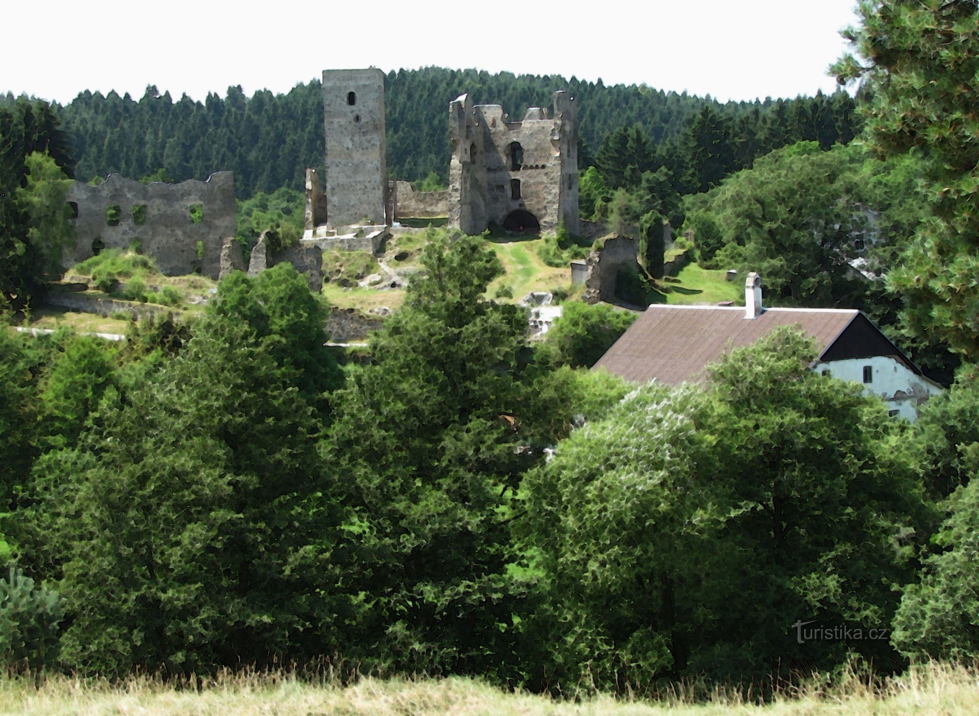 Para as ruínas do castelo Rokštejna e para o vale Brtnice