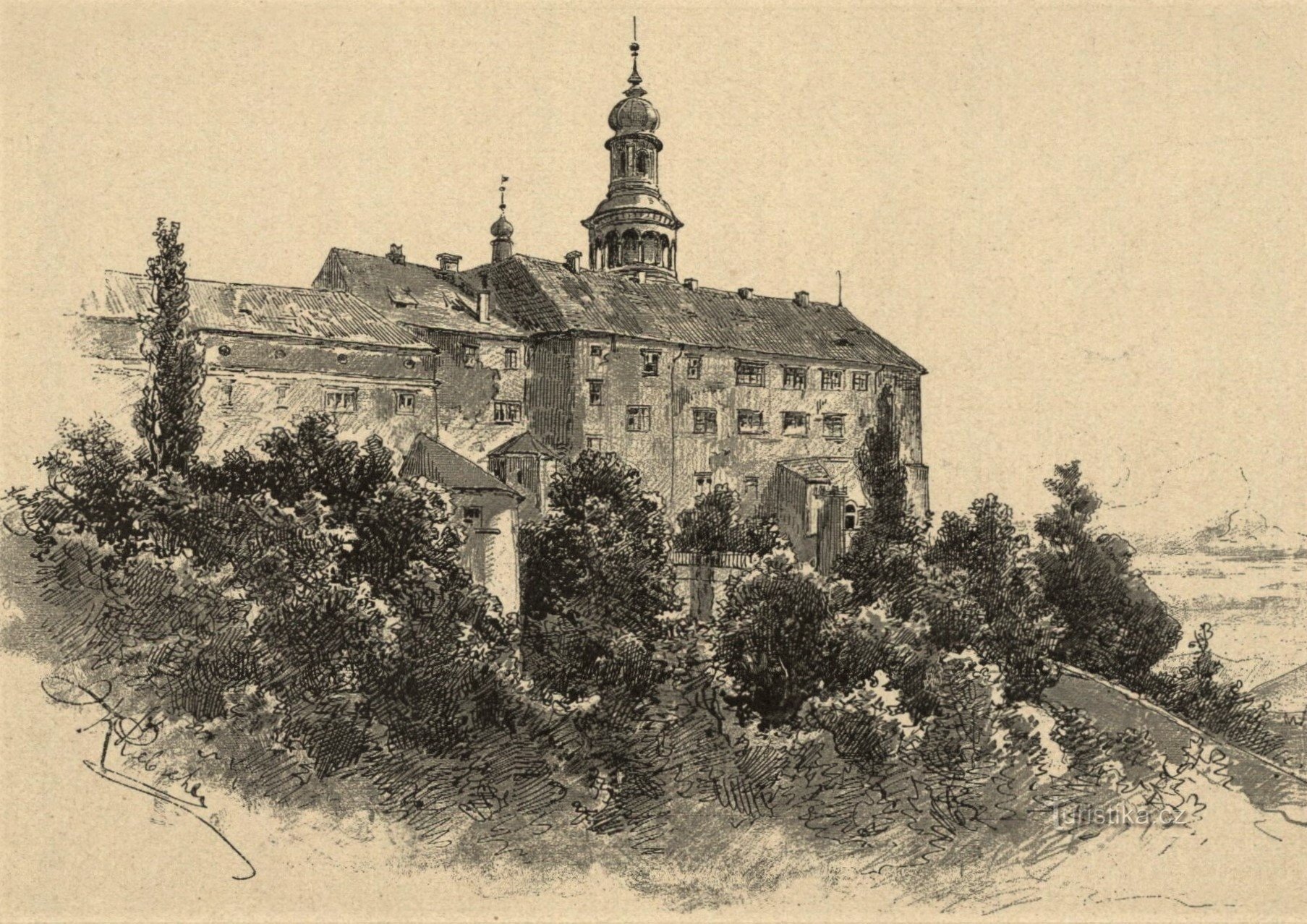 Náchodský zámek na kresbě Adolfa Liebschera z 2. poloviny 19. století